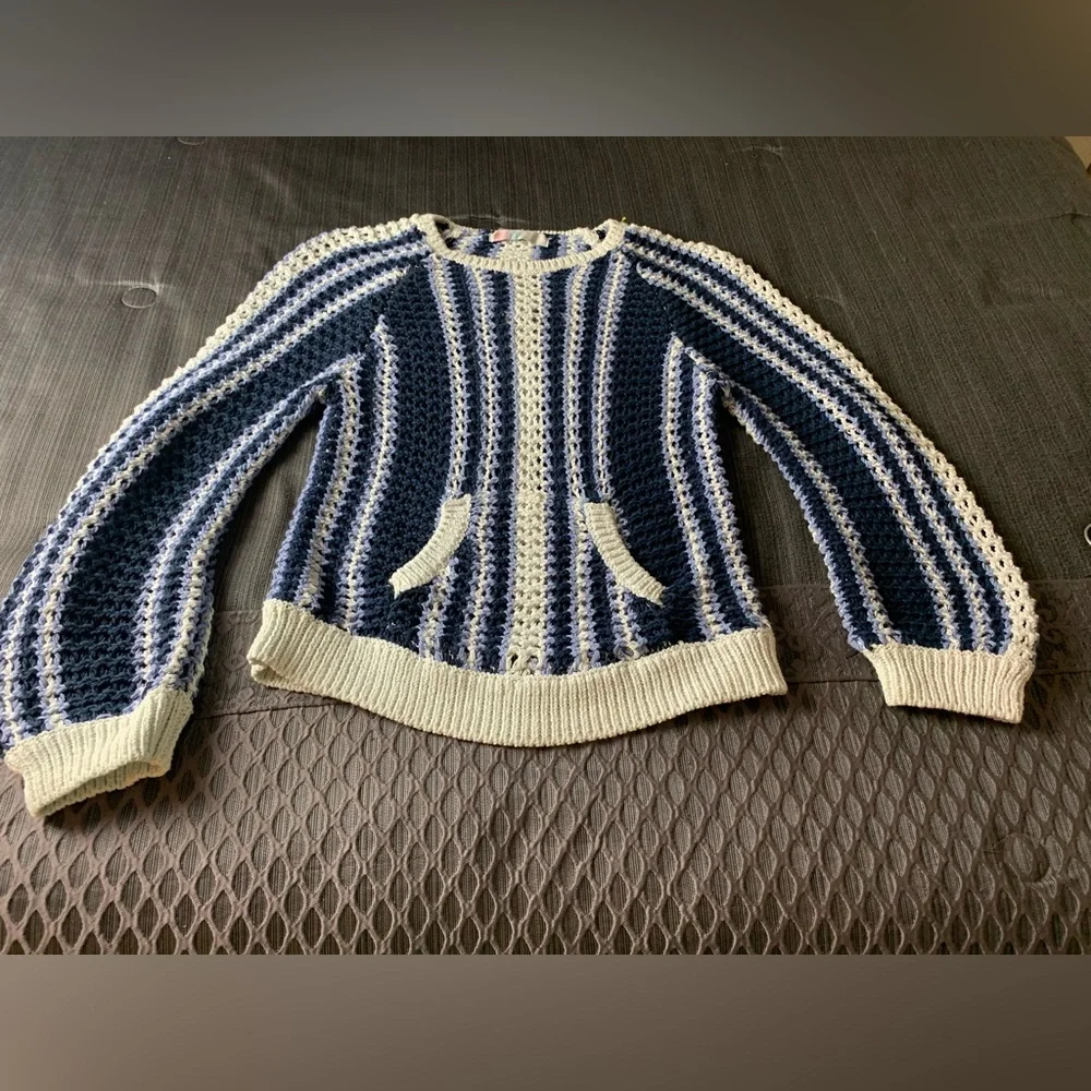 Free People Beach Dayton Pullover Sweater Blue White Large - Picture 9 of 15